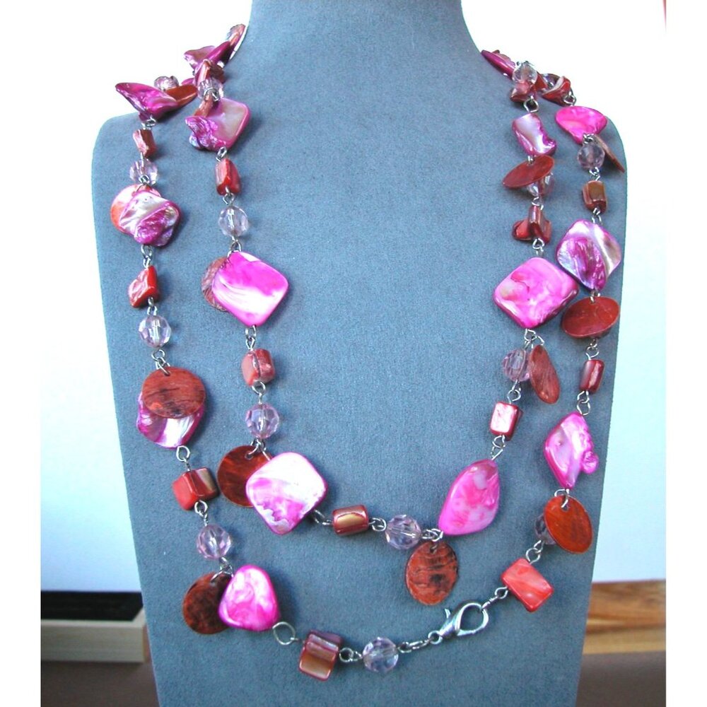 Pink & Orange Shell Beaded Necklace/Lobster Clasp/ 44 Inch Single Strand